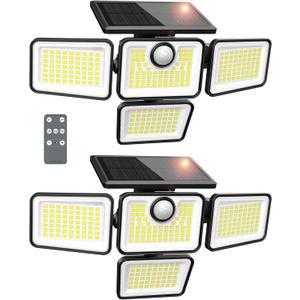 Solar Lights Outdoor, 6000LM 4 Heads Motion Sensor Lights, 3 Mode, IP65 Waterproof Solar Security Wall Lights, Remote Control Flood Lights for Garden, Outside, Backyard, 2 Pack
