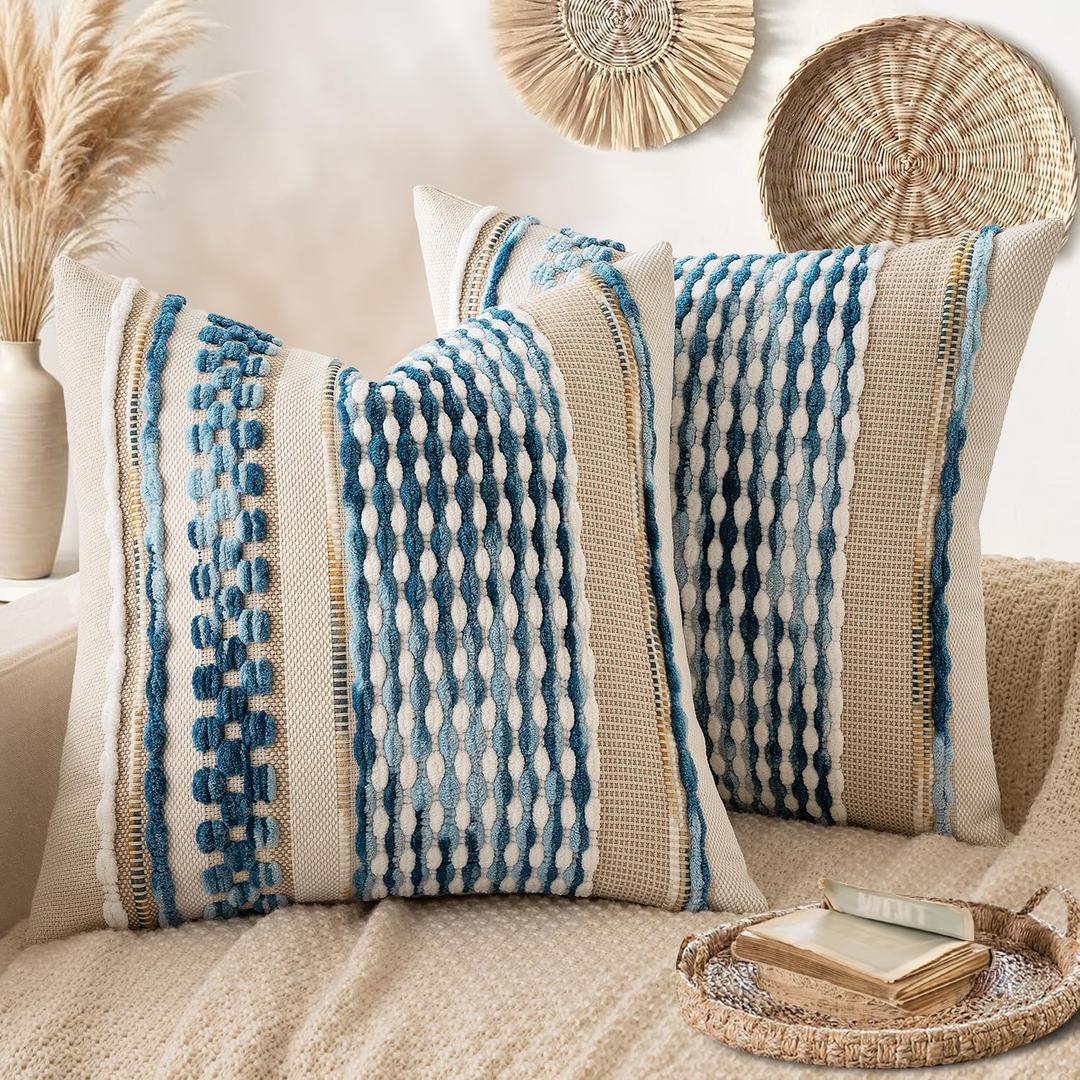 ANRODUO Pack of 2 Boho Decorative Throw Pillow Covers 18x18 Farmhouse Cushion Case Striped Chenille Pillow Cases Coastal Throw Pillows Accent Neutral Pillowcase for Sofa Couch Bed, Sky Blue Stripe