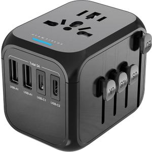 GLAMFIELDS Universal Travel Adapter Worldwide All in One International Wall Charger AC Plug Adaptor with 2 USB-C and 2 USB-A Ports for 200+ Countries 100V-250V (EU UK USA AU Plug) Black