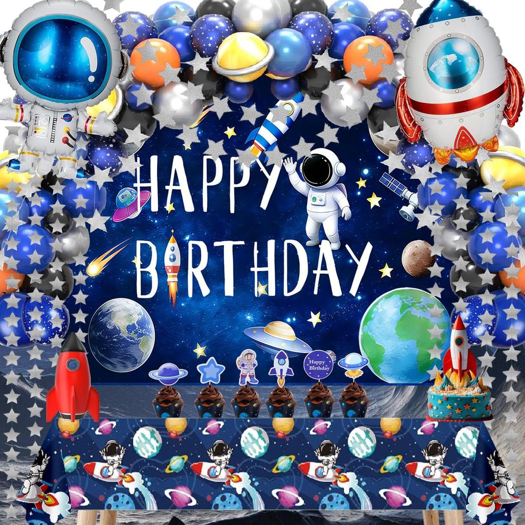 96pcs Outer Space Astronaut Party Decorations - Galaxy Themed Party Supplies Happy Birthday Backdrop, Tablecloth, Star Garland,Multi-color Balloons and Rocket astronaut Balloons