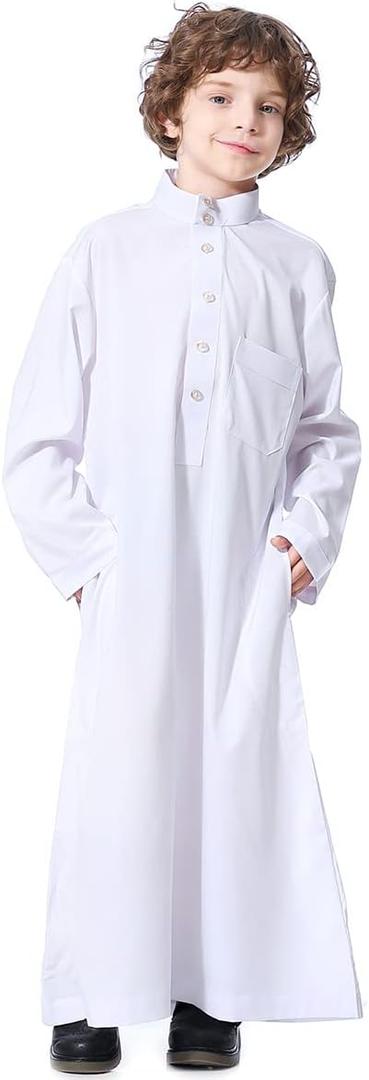 Boy's Muslim Arab Islamic Kaftan Embroidered Robe Solid Color Thobe Islamic Arabic Abaya Ethnic Dress With Pockets, 7-8Y