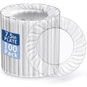 U-QE 100 Pieces Clear Plastic Plates - 7 Inch Plastic Dessert Plates Disposable - Washable & Reusable - Premium Hard Clear Fancy Disposable Heavy Duty Cake Platos for Party, Weddings and Events