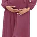 AISWI Women's Maternity Maxi Dress with Belt Long Sleeve Crew Neck Pregnancy Dresses with Pockets Baby Shower Photoshoot (L)