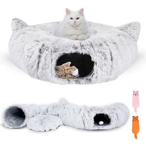 Interactive Cat Toys for Indoor Cats  3-in-1 Cat Tunnel Bed with 2 Catnip Toys, Peekaboo Cat Cave & Donut Tunnel, Foldable Interactive Toy for Kittens & Small Pets, 32"
