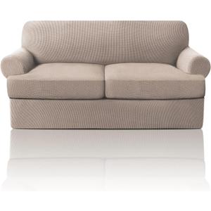 PrinceDeco T Cushion Loveseat Slipcover 3 Pieces Sofa Covers for T Cushion Sofa Stretch Slip Covers for 2 Cushion Couch with 2 Individual T Shape Seat Covers Width Up to 72" - Washable, Sand (2 Cushion Loveseat)