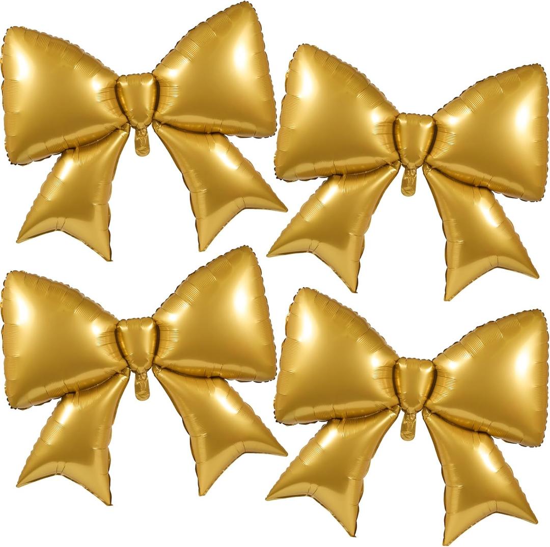 4 Pcs 39 Inch Jumbo Christmas Gold Bow Balloons Giant Bow Balloons Large Coquette Decorations Backdrop for Women Birthday Baby Shower Bridal Engagement Wedding Decor Party Supplies