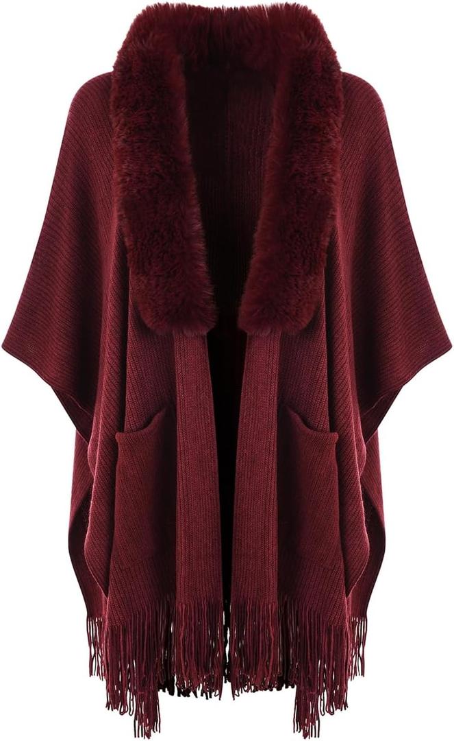 Ferand Shawl Wraps for Women, Cozy Lightweight Poncho Cape with Pockets, Warm for Fall Winter Travel (One Size, Dark Red With Faux Fur Collar)