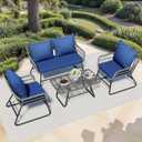 YITAHOME 4 Piece Patio Furniture Set, Wicker Outdoor Bistro Set, All Weather Rattan Patio Conversation Set with Soft Cushions and Glass Side Table for Backyard, Balcony, Deck - Navy Blue