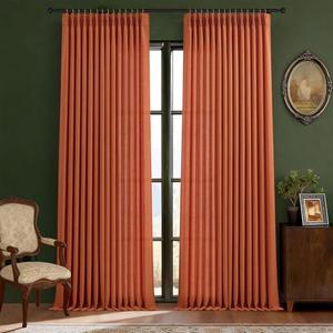 Pinch Pleated Burnt Orange Linen Curtains 92 Inch Long for Living Room, Privacy Light Filtering Semi Blackout Drapes Memory Trained Shaped Neutral Curtain with Back Tab Top and Hooks 40" x 92"