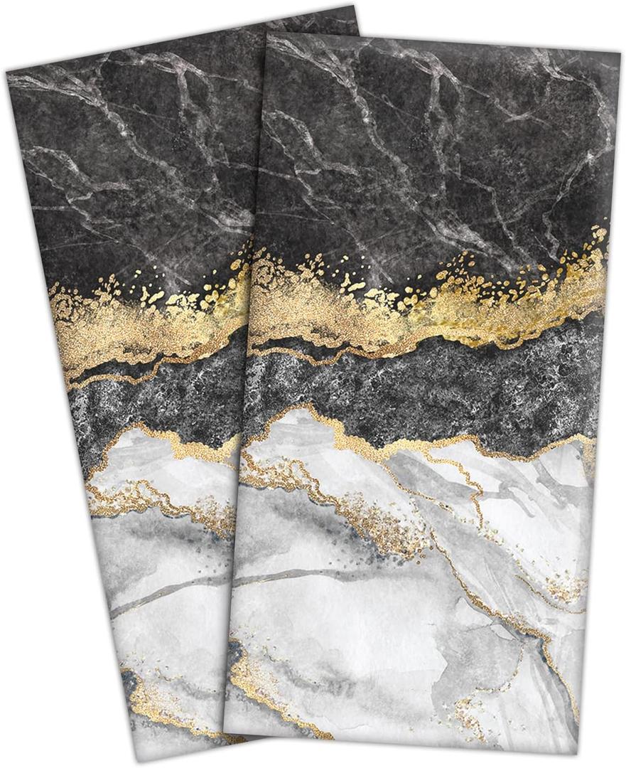 Black Gold Marble Hand Towels - Soft Absorbent Modern Abstract Kitchen Bathroom Decor (Black and Gold)  