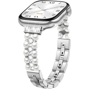 Slim Pearl Beaded Bracelet for Apple Watch Bands 40mm 38mm 41mm 42mm 44mm 45mm 46mm for Women,Elastic Adjustable Metal Bling Diamond Strap for iWatch Series 11 10 9 8 7 6 5 4 3 SE 3/2nd Ultra 49mm (01-Silver)