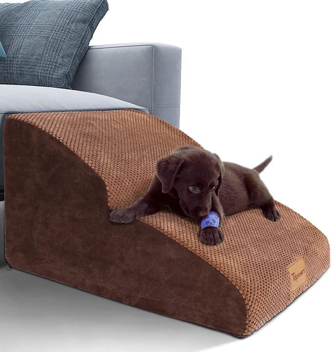 Topmart High Density Extended Foam Dog Ramp&Steps 2 Tiers,11.8" High,Non-Slip Dog Stairs,Soft Foam Pet Ladder with Waterproof Cover,Best for Injured,Older Cats,Pets with Joint Pain, Brown