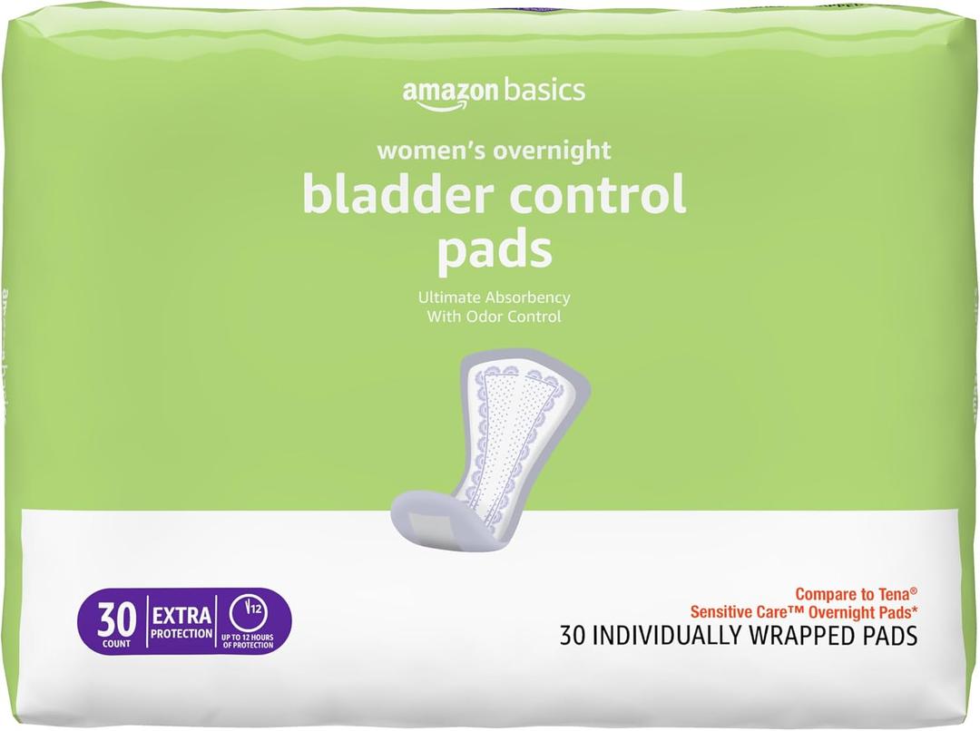 2 x Amazon Basics Incontinence Pads for Women, Postpartum Pads, Bladder Control, Overnight Absorbency, Fresh Protection, Unscented, 30 Count