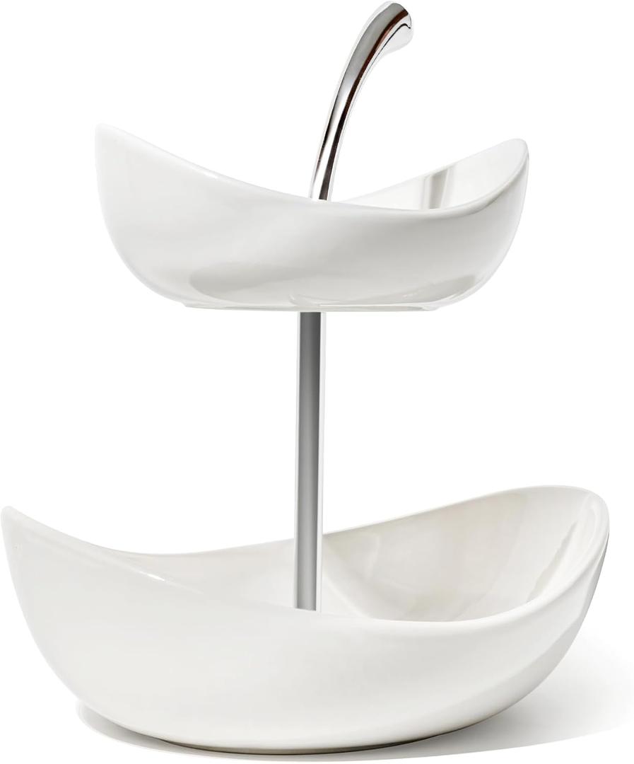 SEVEN SPARTA Double Layer Cherry-Shaped Ceramic Fruit Bowl, 2-Tier Countertop Fruit Basket for Kitchen, Modern Decorative Serving Platter for Fruits, Snacks, Candies (White)