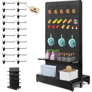 Pegboard Display Stand, Gondola Shelf Display for Convenient Grocery Office Supply or Liquor Stores, Standing Pegboard Display Two Sides Peg Board Panels, 20 Hooks, No Including 8 Shelves (1 Unit Black-2 Sides)