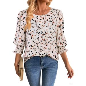 SOFIA'S CHOICE Womens Chiffon Blouse 3/4 Sleeve Smocked Cuff Flowy Business Casual Dressy Work Top Multicolor, Medium