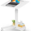 JOY worker Mobile Standing Desk with 90 Tilting Desktop, Foot Pedal Pneumatic Height Adjustable Rolling Desk, Mobile Laptop Cart with Width Adjustable Storage Base, 4 Lockable Wheels, White