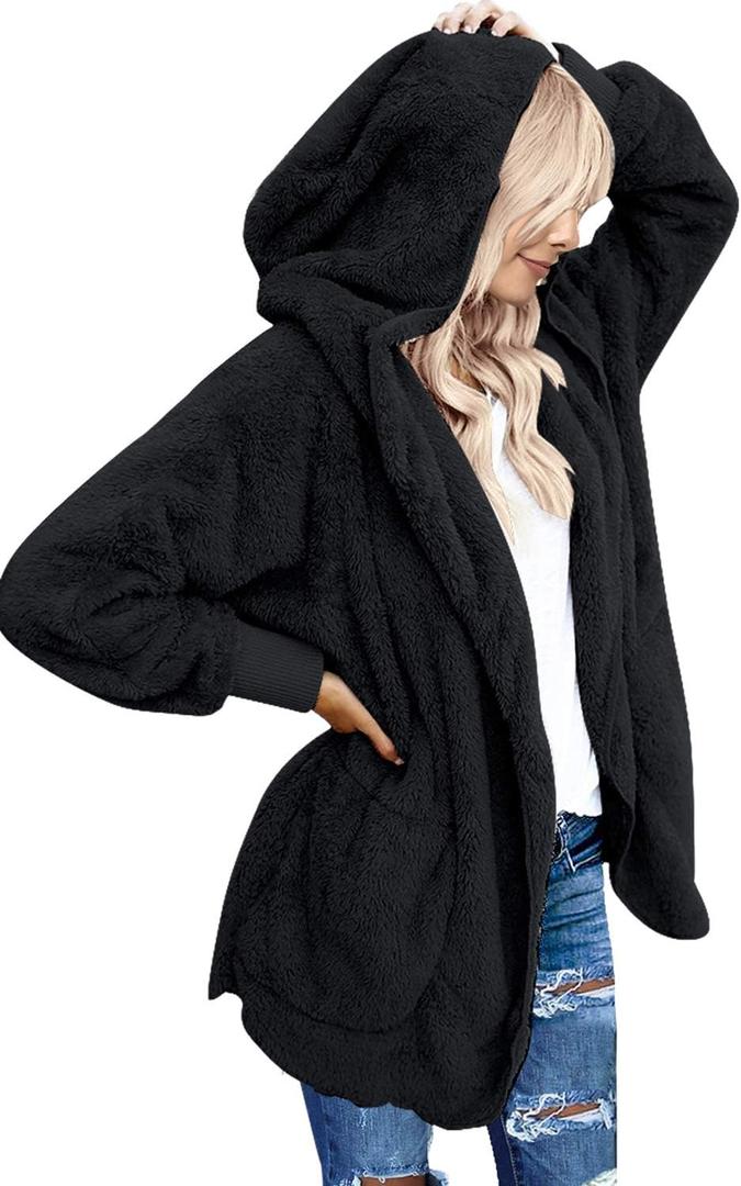 LookbookStore Womens Cardigan 2026 Winter Oversized Open Front Fleece Hooded Draped Pockets Jacket Coats (XS)