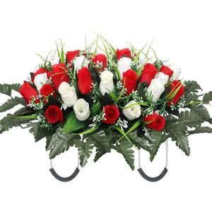 Artificial Cemetery Flower Headstone Flower Saddle Grave Rose Flowers for Cemetery Non-Bleed Colors Windpoof (Red)