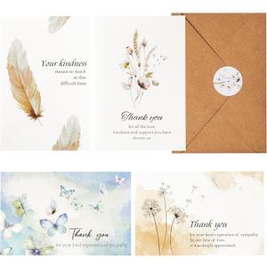 Crisky 50 PK Funeral Thank You Cards with Envelopes, Thank You for Your Sympathy Cards Watercolor Flowers Butterflies Bereavement Sympathy Thank You Cards for Funeral Family Friends (50 Pieces)
