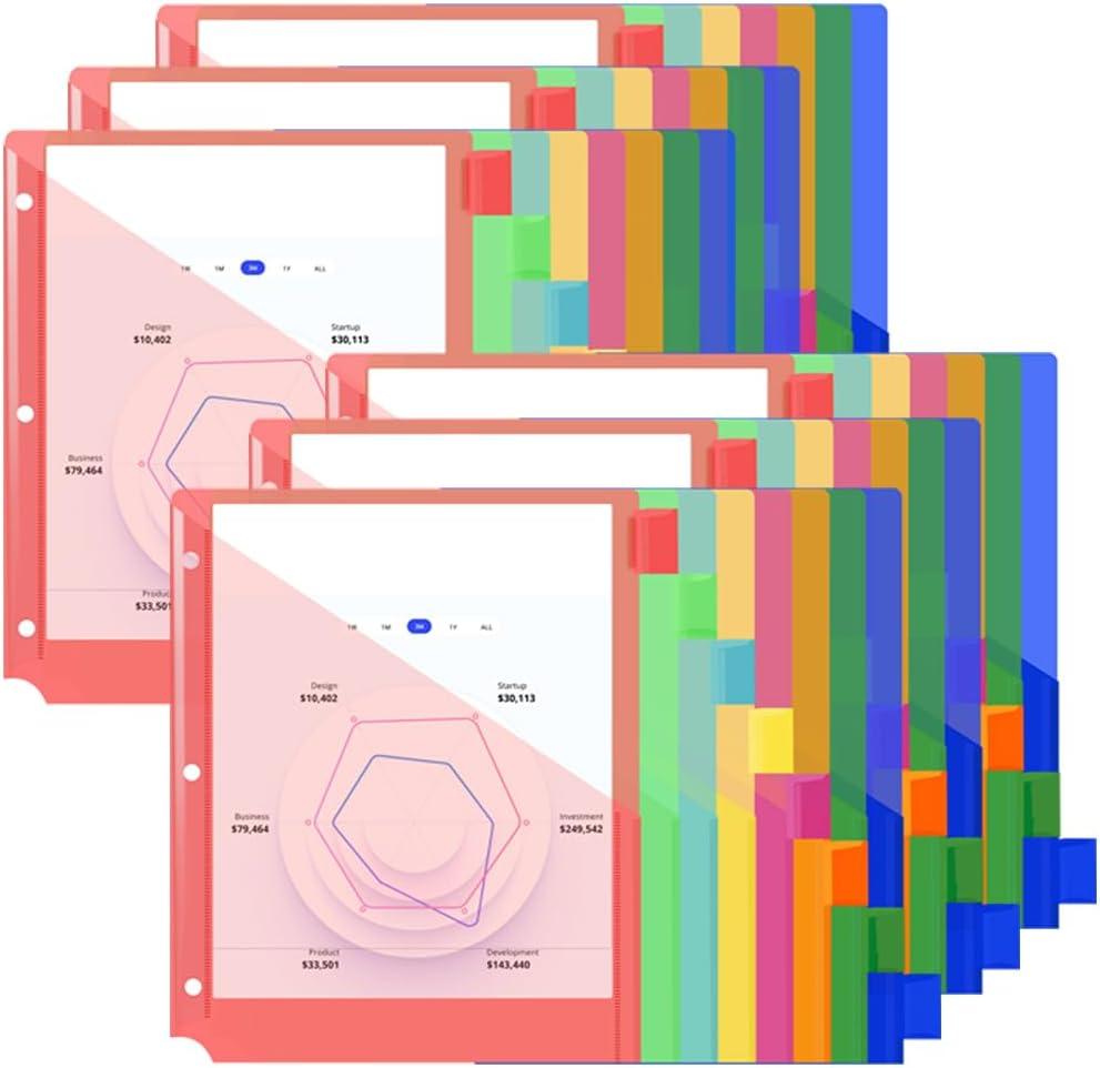 XUCHUN 8-Tab Binder Dividers with Pockets, Plastic Tab Dividers for 3 Ring Binder Organizer,3 Hole Sheet Protectorsh for US Letter Size in 0.5,1,2,3 inch Binders6 Sets (Multicolor)