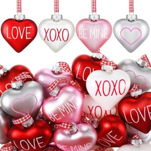 Vinsot 24 Pieces Valentines Day Ornaments Heart Tree Decorations 2.4 Inch Pink Red White Ornaments Conversation Heart Hanging Baubles Valentines Day Decor for Tree Home Wedding