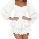 LYANER Women's Jumpsuit Lantern Long Sleeve Ruffle Layer Tie Mini Short Romper (Medium, Pure White)