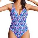 AI'MAGE Womens One Piece Swimsuit V Neck Ruched Bathing Suit Double Straps Crisscross Back Floral Print Swimwear (Royal Blue Floral, Medium)