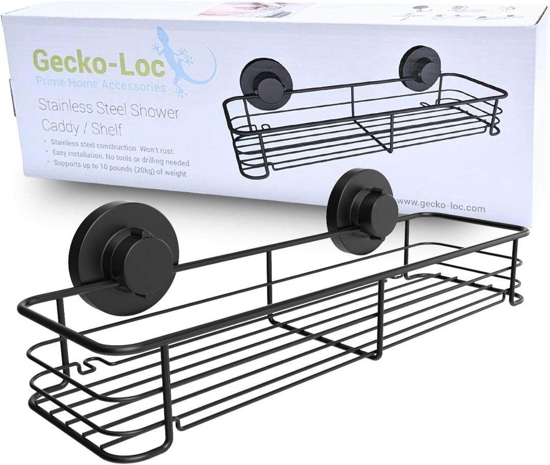 Gecko-Loc Large Wide suction cup wall mount bathroom shower caddy - wire storage basket rack for bath kitchen organizer - Black