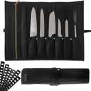 Chef Knife Roll Bag - Durable 6 Slot Black Waxed Canvas Knife Roll- Water Resistant Standard Knife Bag w/ Roll Tie, Large Zippered Pouch & 6 Plastic Knife Guards-Fits Knives Up To 2 Wide & 15 Long