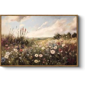 HUARCEY Vintage 16"x24" Framed Wildflower Canvas Wall Art, Rustic Nature Botanical Floral Landscape Meadow Print Large Painting, Flowering Homeland Living Room Bedroom Farmhouse Artwork Wall Decor