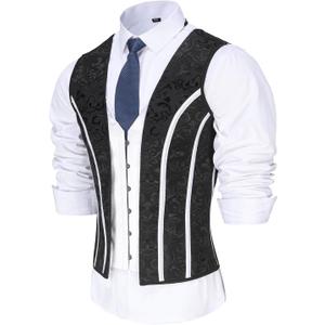 Mens Corset Vest Lace Up Shaping Tops Bones Vintage Dress Waistcoat Print Formal Slimm Fit Wedding Stage (X-Large, Blackprint Mixed White)