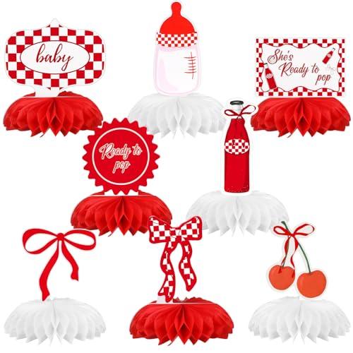 Weekgrat 8 Pcs She's Ready to Pop Baby Shower Decorations She's Ready to Pop Honeycomb Centerpiece Red and White Gingham Table Decor Tabletop Sign for Baby Shower Party Table Decoration Party Supplies