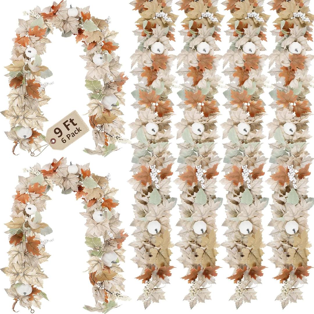 Neutral Fall Garland for Mantle Fireplace - 6 Pack Toatal 54Ft Outdoor Autumn Leaves Decor for Home Front Door with Pumpkins Indoor Maple for Farmhouse Stairs Porch Halloween Thanksgiving Decorations (9ft)