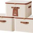 Tuza 3 Pcs Rigid Storage Bins with Zipper Lid, Cotton Linen Fabric Storage Boxes, Foldable Shelves Clothes Storage Cubes with Handles for Wardrobe, Closet(Beige, 56L)