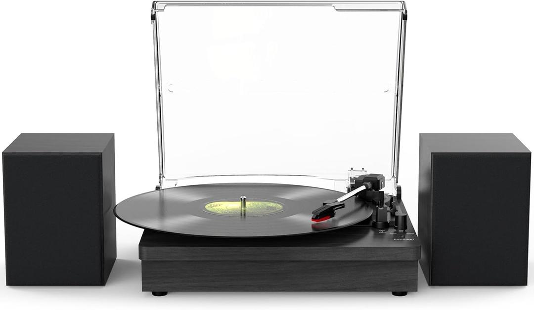 Record Player with Two Stereo Speakers, Wireless Playback Turntable with 3 Speed AUX Headphone Input and RCA Out Vinyl Record Player Black