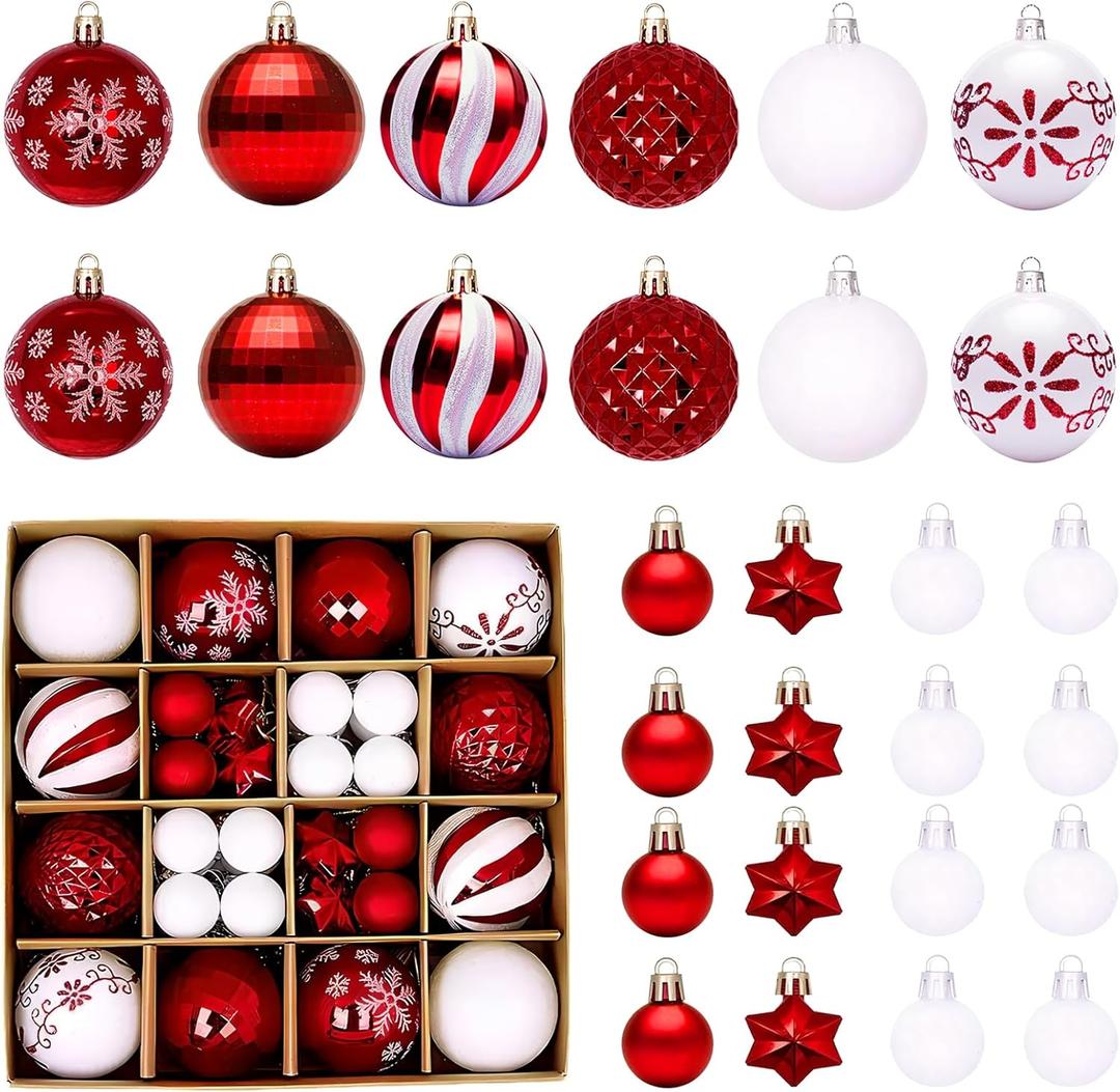 44 Pcs Shatterproof Christmas Balls Ornaments for Outdoor Use - Elegant Red and White Christmas Yard Decorations Outdoor with Hanging Loops - A Complete Set for Christmas Tree, Home, Wedding, Party