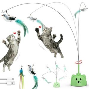 Interactive Cat Toys for Indoor Cats: Upgraded 360° Automatic Spin Flying Bird Feather Wand with Silicone Protected Rod Safe Play, Strong 8cm Suction Cup, USB-Rechargeable for Bored Kittens and Adult, Green