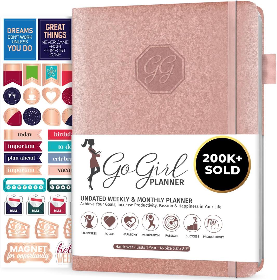 GoGirl Planner and Organizer for Women  Compact Size Weekly Planner, Goals Journal & Agenda to Improve Time Management, Productivity & Live Happier. Undated  Start Anytime, Lasts 1 Year  Rose Gold (Compact (5.3" x 7.7"))