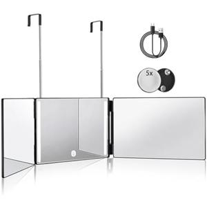 HIEEY 3 Way Mirror for Hair Cutting with LED,360 Trifold with Height Adjustable Telescoping Hooks,and 5X Magnification,for Makeup and Styling (Black)