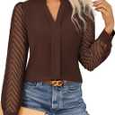GRACE KARIN Women Business Casual Tops Sheer Lace Long Sleeve Blouses Work Office Pleated V Neck Shirt Fall Formal Outfits (Brown), Medium