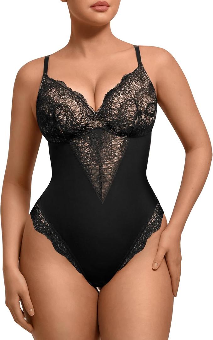 FeelinGirl Womens Body Suits Shapewear Tummy Control Backless Thong Body Shaper V Neck Compression Lace Bodysuit Tops (X-Large, Black)