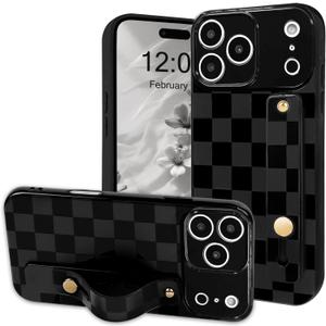 NITITOP Compatible for iPhone 17 Pro Case with Wrist Strap Kickstand Cute Trendy Checkerboard Plaid for Women Girls Slim Fit TPU Shockproof Full Camera Protective Cover - Black