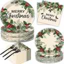 200Pcs Merry Christmas Paper Plates and Napkins Tableware Set Xmas Trees Winter Disposable Holly Pine Cone Plates Napkins for Christmas Holiday Home Party Supplies and Decoration, 50 Guests