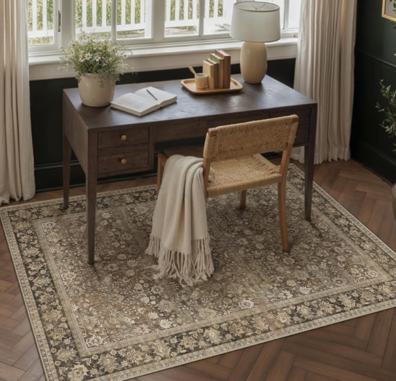 HUGEAR 3x5 Washable Area Rug for Entryway, Brown Vintage Floral ,Thick Mid Pile, Non Slip, Soft Rug for Kitchen, Bathroom, Bedroom, Door Mat