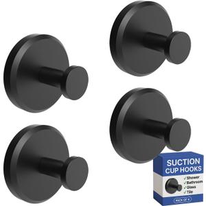 HOME SO Suction Cup Hooks for Shower & Bathroom Towel Holder 4-Pack Suction Cups Hooks for Hanging Towels, Robes, & Coats - Tiles, Glass Door or Mirror Shower Hooks & Towel Hooks Organizer - Black