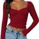 ForeFair Women's Sexy Long Sleeve Going Out Tops Pleated Bustier Shirt Cute Sweetheart Neck Y2K Cropped Top (Burgundy)