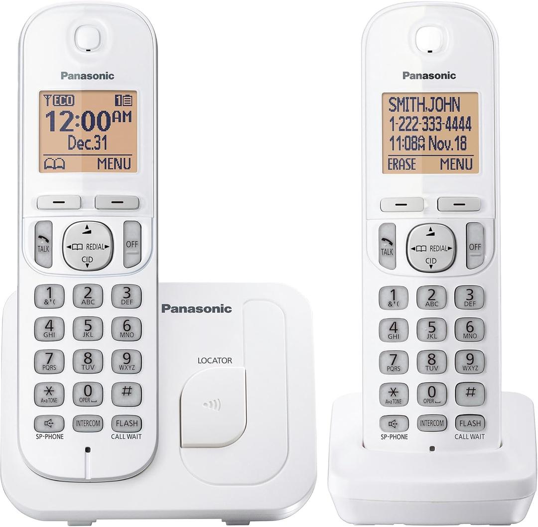 Panasonic Cordless Phone, 1.6" Backlit Display, Call Block, Speakerphone, 10 Hours Talk Time, 2 Handsets - KX-TGC202W (White)
