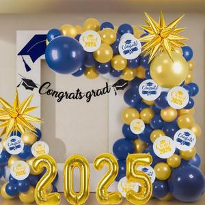 Graduation Balloon Arch Garland Kit 2025, 18" 10" Blue Gold Balloons with Congrats Grad Banner 32" 2025 Foil Balloons for Class of 2025 Party Decorations High School College Celebrations