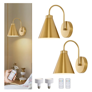 Vintage Cordless Gooseneck Battery Operated Wall Sconces Set of 2, Gold Bedside Battery Powered Wall Decor Lamps with Remote Control, Wireless Indoor LED Lights Fixture for Bedroom Hallway